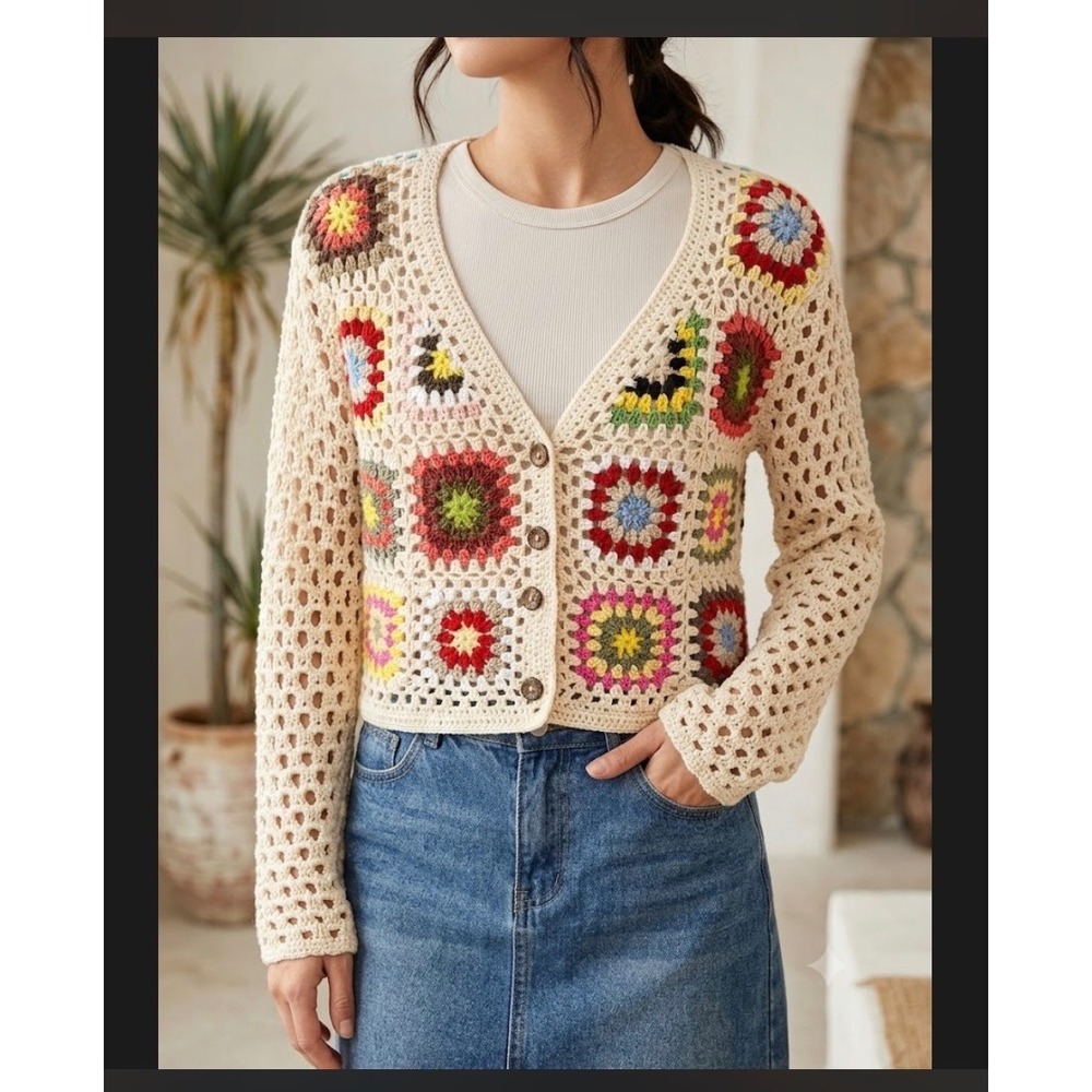 Debut Crochet Granny Square Cardigan Sweater Cream Boho Multi Color Small
